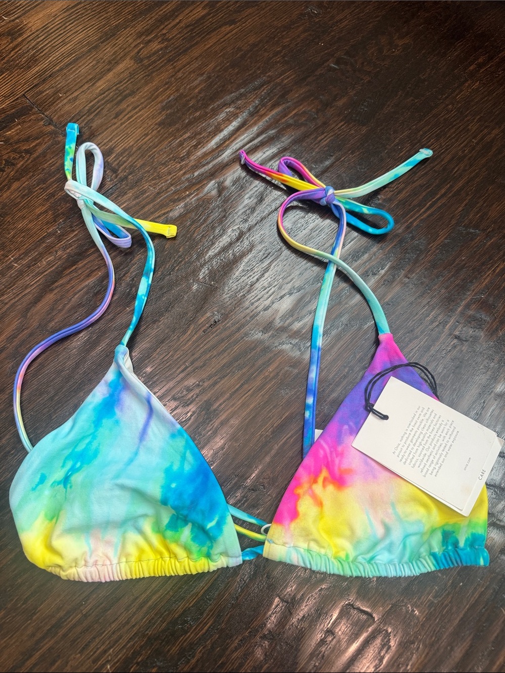 Onia Tie-Dye Triangle Bikini Top in Multicolor (Blue, Yellow, Pink, Green)